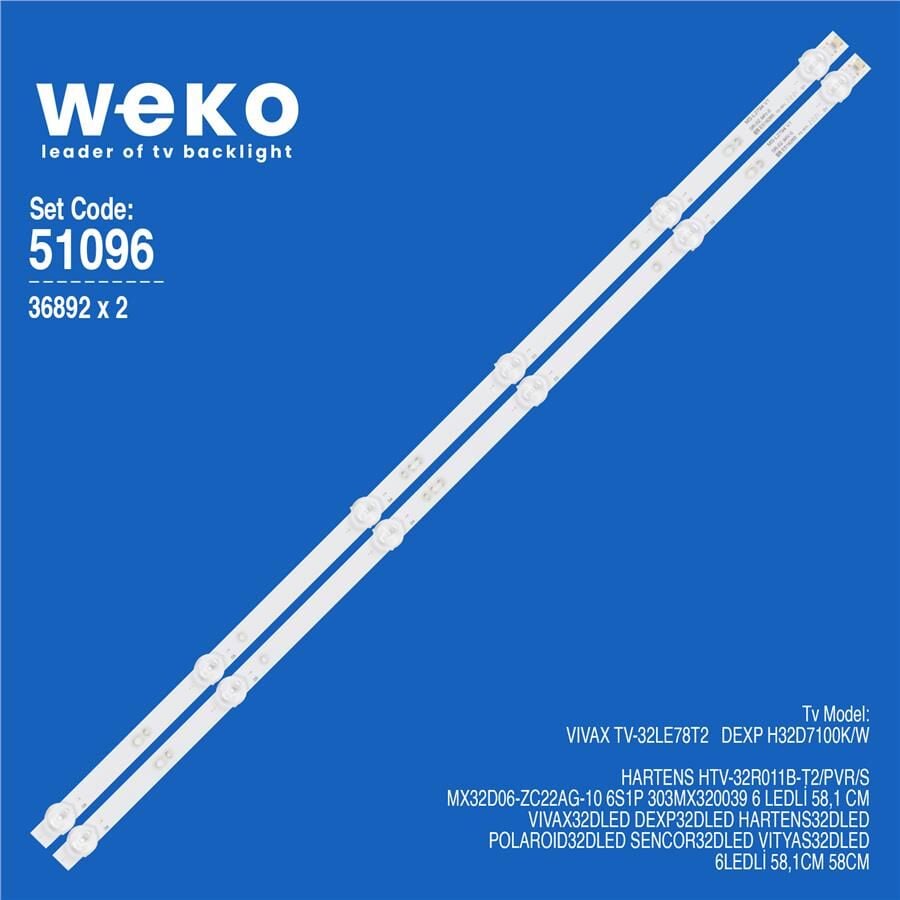 Wkset-6096 36892X2 Mx32d06-Zc22ag-10 6S1P 303Mx320039 2 Adet Led Bar (3V6led58,1Cm)