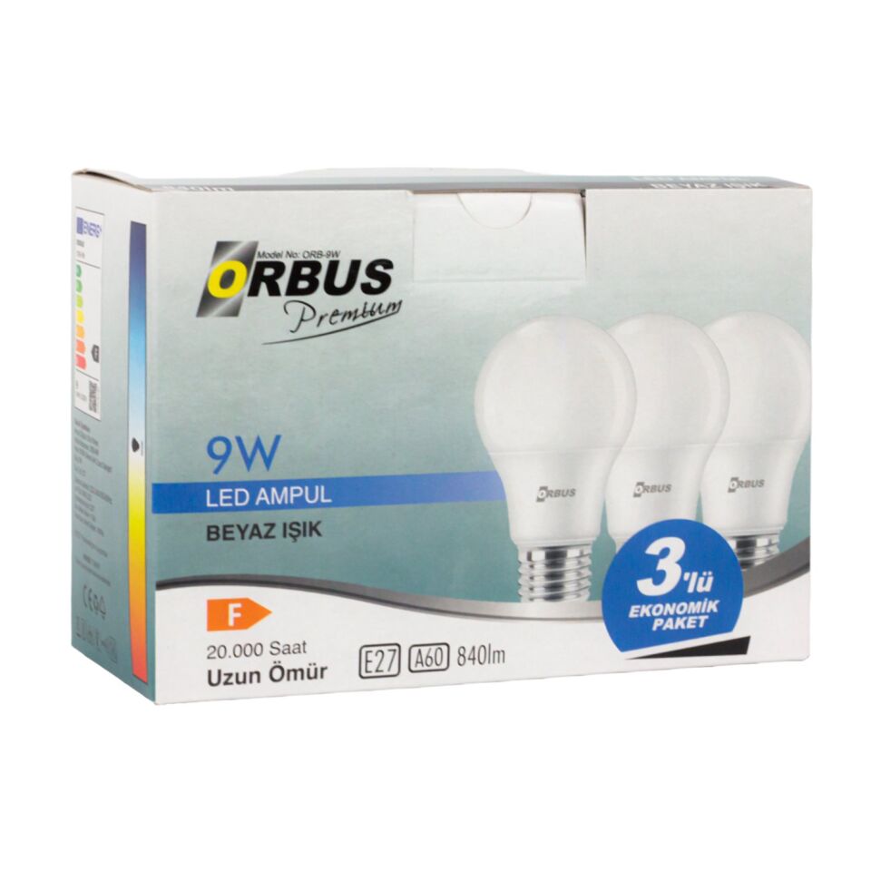 Orbus ORB-L9W 3'lü Paket 9 Watt Beyaz Led Ampul