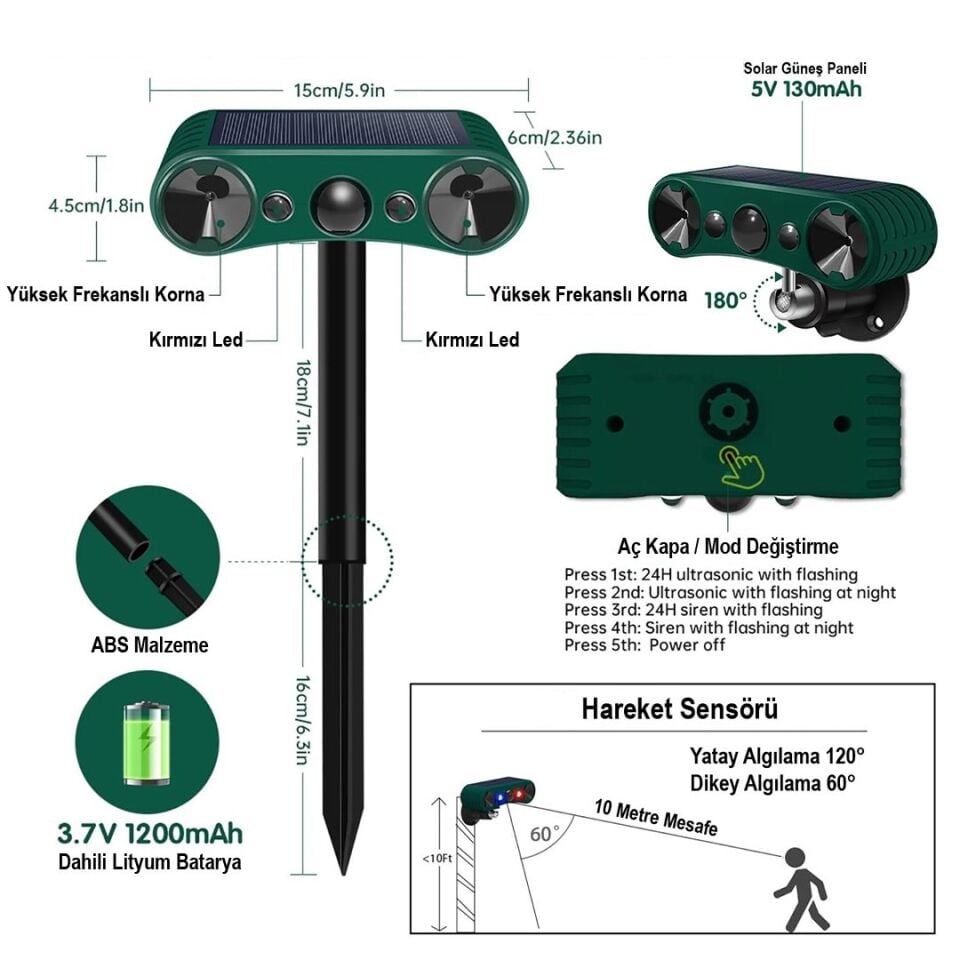PowerMaster Ultrasonic Sesli Siren Solar Hayvan Kovucu