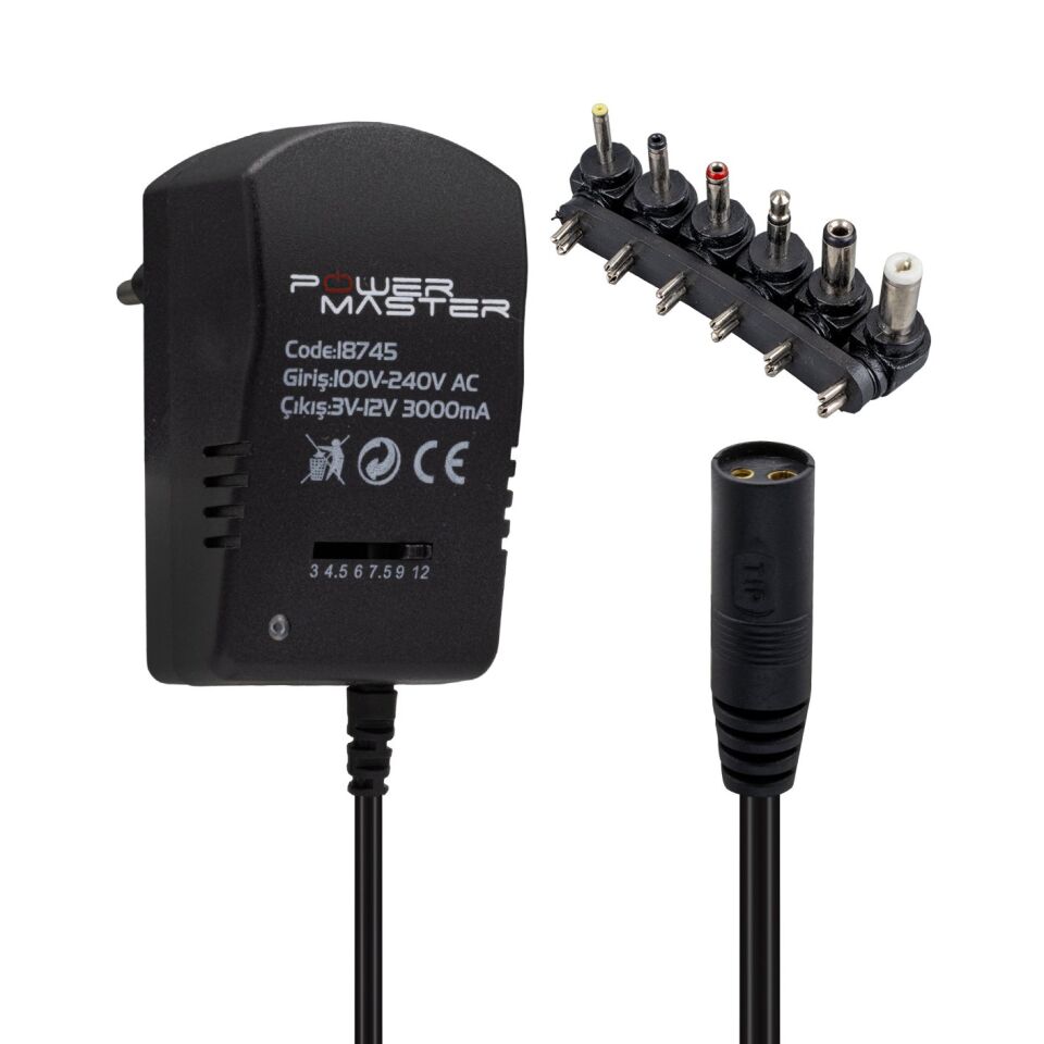 Powermaster PM-18745 3 Volt - 12 Volt - 3 Amper Çok Uçlu Ayarlı Kademeli Adaptör