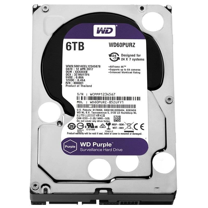 Western Digital WD60PURZ 6TB Sata6 64Mb 7-24 Purple Harddisk