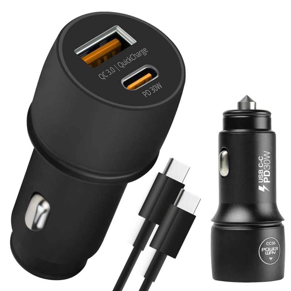 Powerway CC36 30W PD + QC 3.0 Çift Çıkışlı Metal Araç Çakmaklık
