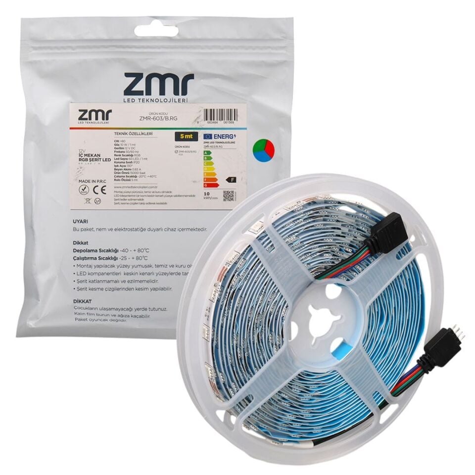 ZMR ZMR-603 RGB 12 Volt 3 Çipli 5050 İç Mekan Silikonsuz 60 Led 5 Metre Şerit Led