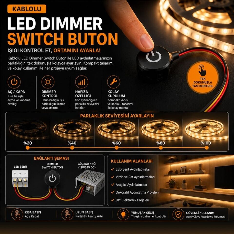 Powermaster PM-30798 12V DC 16Mm Gömme Dokunmatik LED Dimmer Kontrolcüsü Switch Buton
