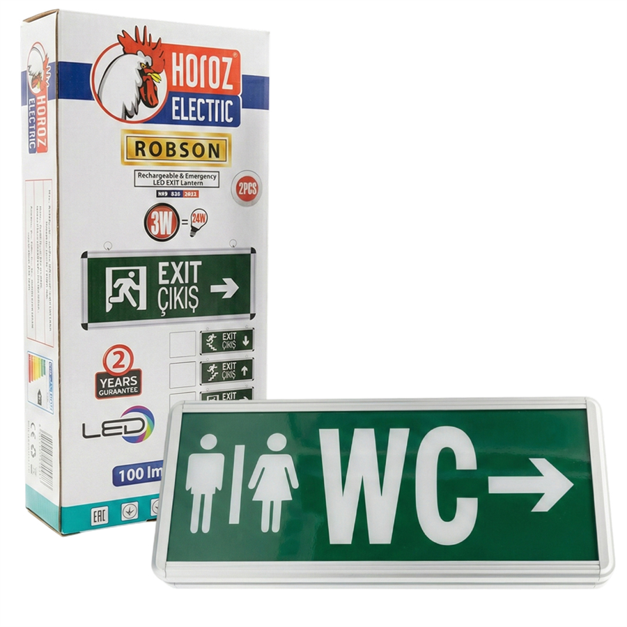 Horoz Robson 3W 160 Lümen Şarjlı WC Sağ Tuvalet Yön Levhası (2'Li Paket)