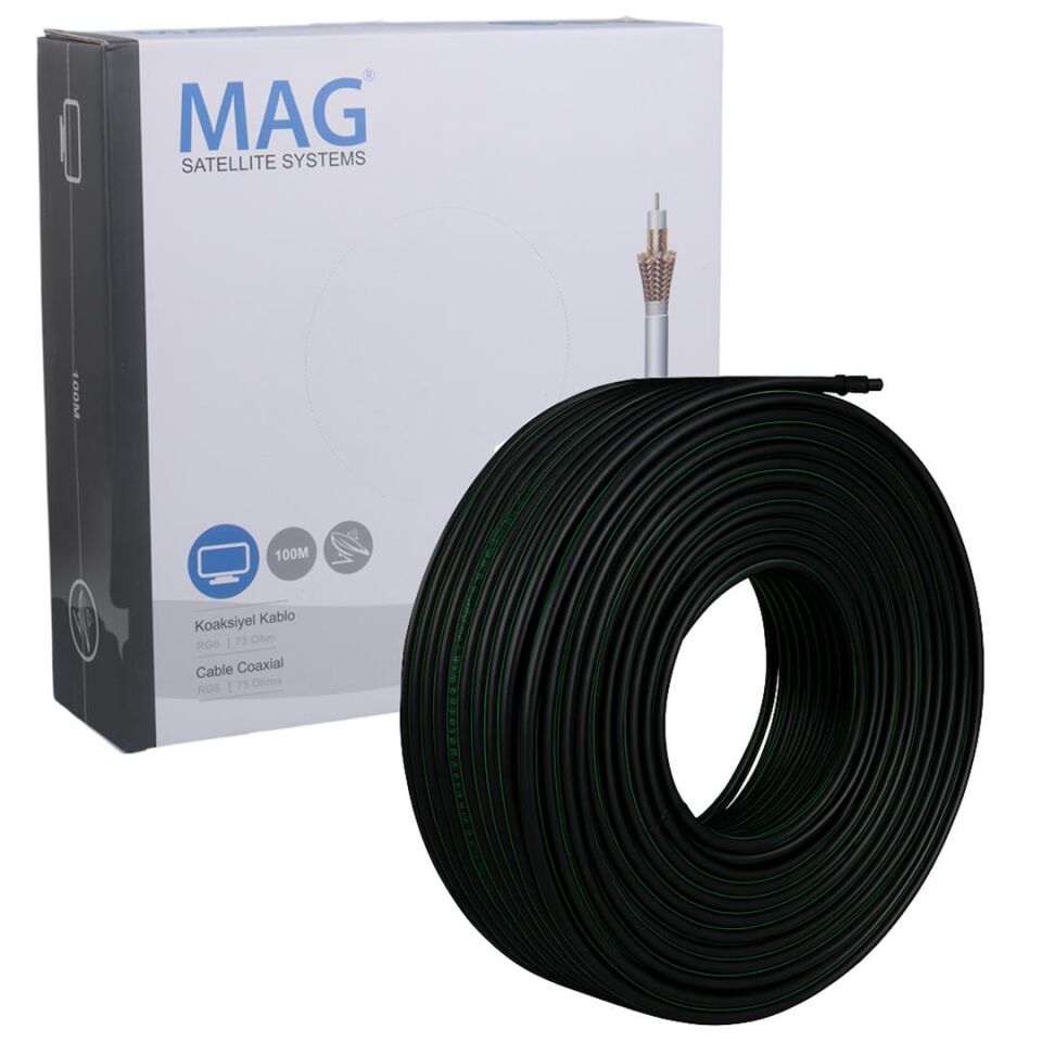 Mag Rg6/U6 Bakır Cu/Cu 80 Tel Siyah 100 Metre Anten Kablosu