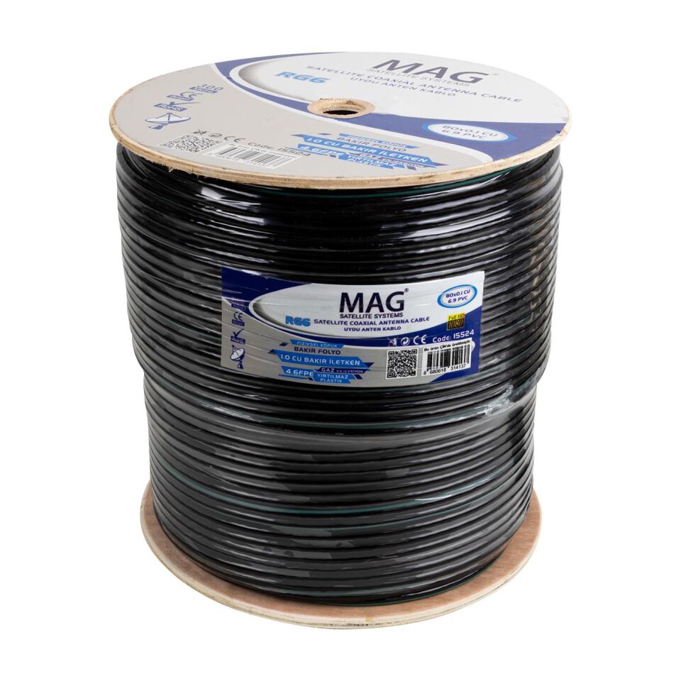Mag RG6-U6 Cu-Cu Bakır 300 Metre Yeşil Anten Kablo