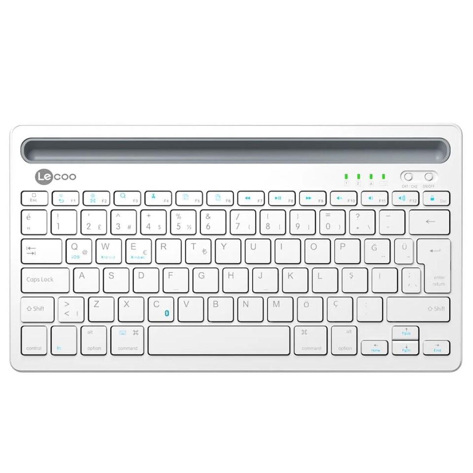 Lenovo Lecoo BK100 Bluetooth V3.0 Çoklu Cihaz Uyumlu Şarj Edilebilir Kablosuz Beyaz Türkçe Q Klavye
