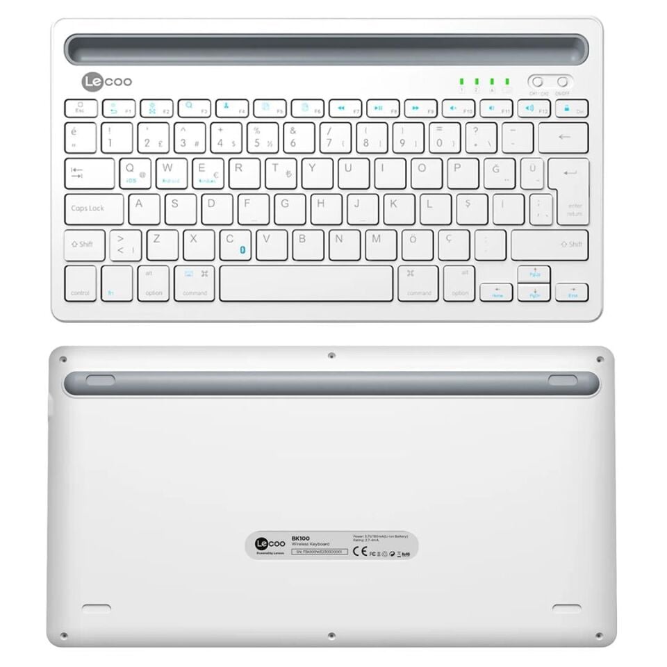 Lenovo Lecoo BK100 Bluetooth V3.0 Çoklu Cihaz Uyumlu Şarj Edilebilir Kablosuz Beyaz Türkçe Q Klavye
