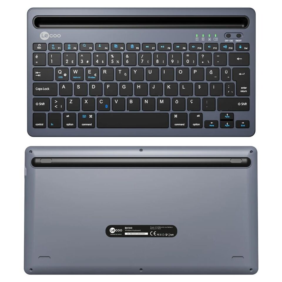 Lenovo Lecoo BK100 Bluetooth V3.0 Çoklu Cihaz Uyumlu Şarj Edilebilir Kablosuz Gri Türkçe Q Klavye