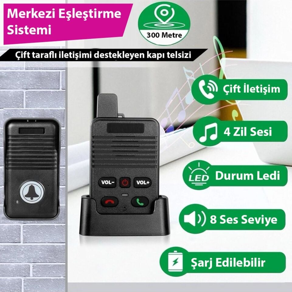 Hello D90 1000Mah Şarjlı Kapalı Devre Telsiz Kapı Zili Ve İnterkom