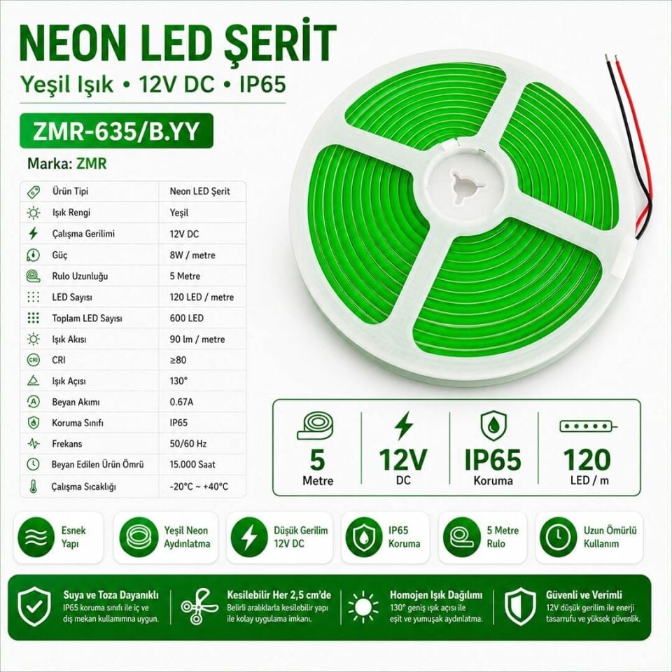 ZMR ZMR-635/B.YY 12V 120 Led'li 5 Metre Yeşil Neon Şerit LED