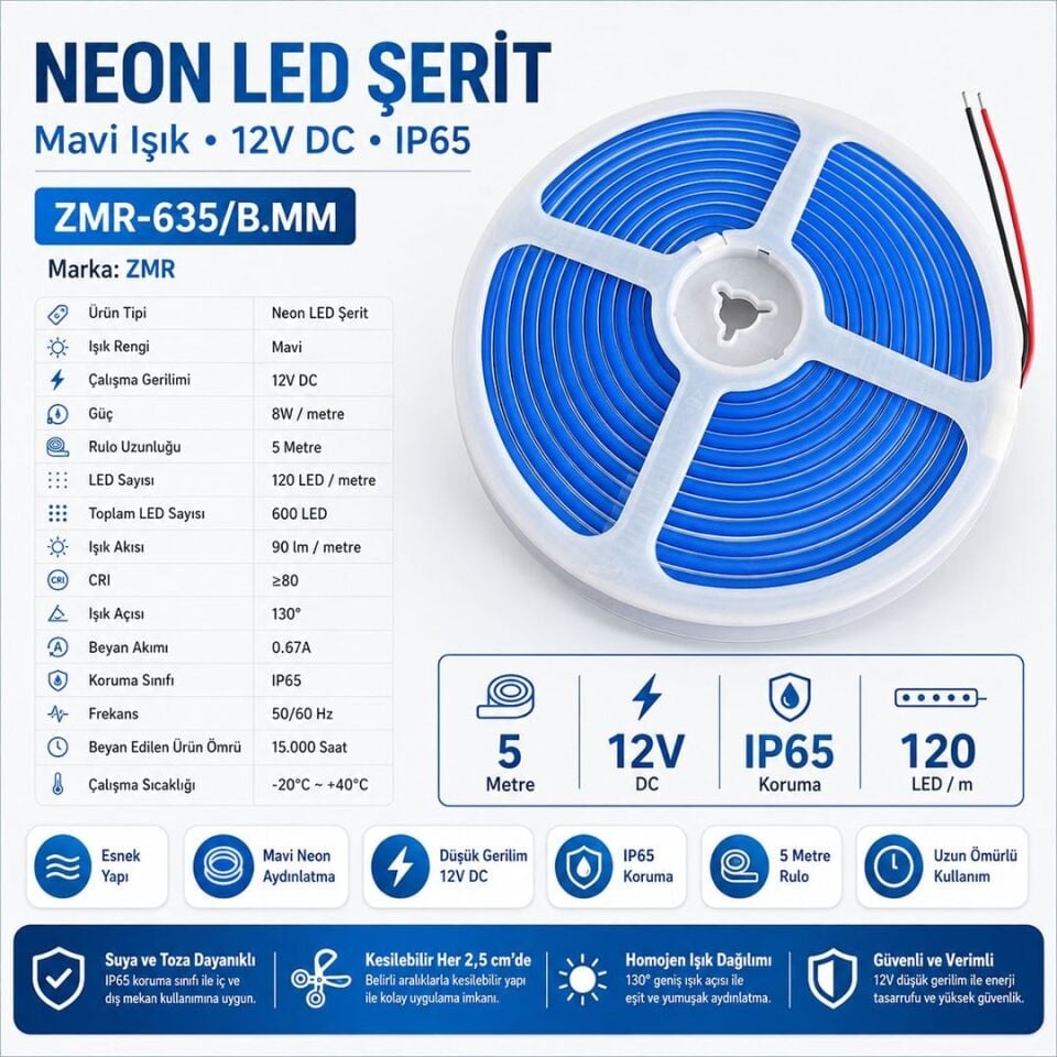 ZMR ZMR-635/B.MM 12 V 120 LED'li 5 Metre Mavi Neon Şerit LED