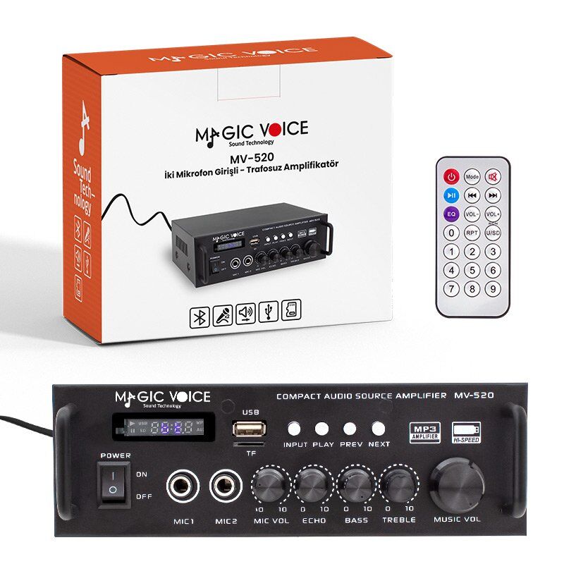 MagicVoice MV-520 30Watt USB/SD/UK Bluetooth 2 Giriş 220/12V Trafosuz Amfi - Anfi