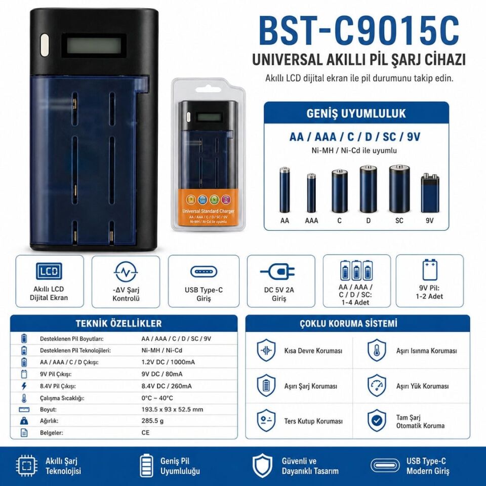Beston BST-C9015C Universal Tüm Boylar Dijital Ekranlı Pil Şarj Cihazı