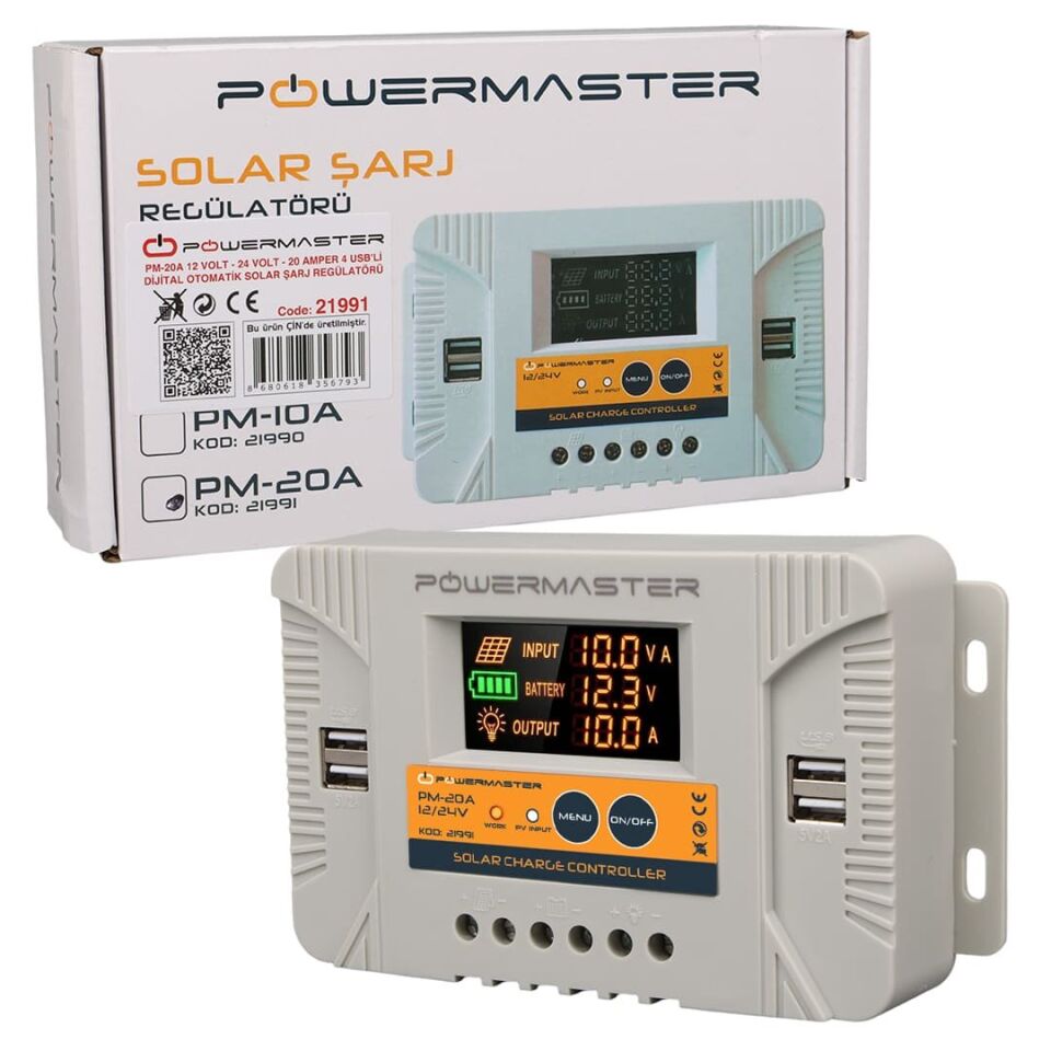 Powermaster PM-20A 12V-24V 20A 4 Usb'li Dijital Otomatik Solar Şarj Regülatörü