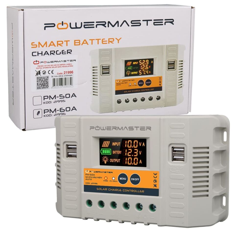 Powermaster PM-60A 12V-24V-36V-48V 60A 4 Usb'li Dijital Otomatik Solar Şarj Regülatörü
