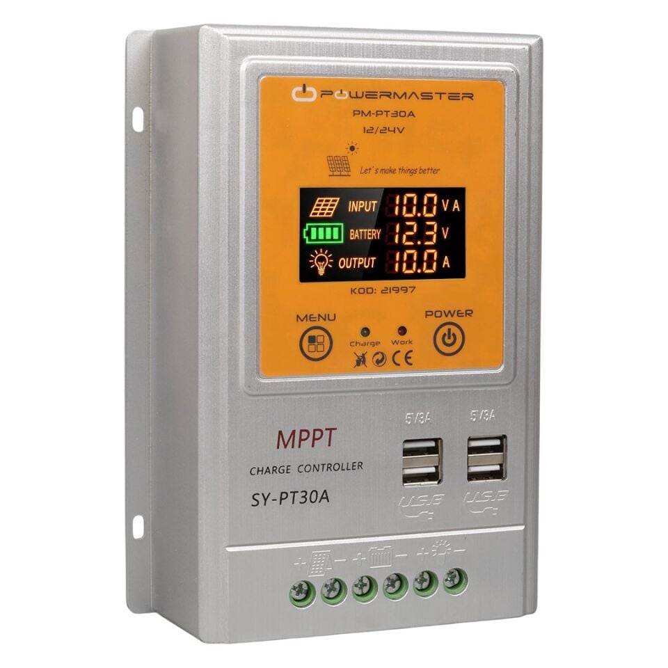 Powermaster PM-PT30A 12V/24V 30A MPPT 4 Usb'li Dijital Otomatik Solar Şarj Regülatörü