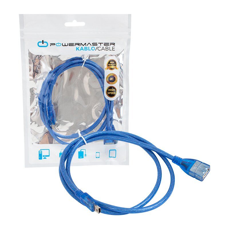 Powermaster USB 5 Pin Erkek-USB Dişi 1 Metre Kablo Mavi