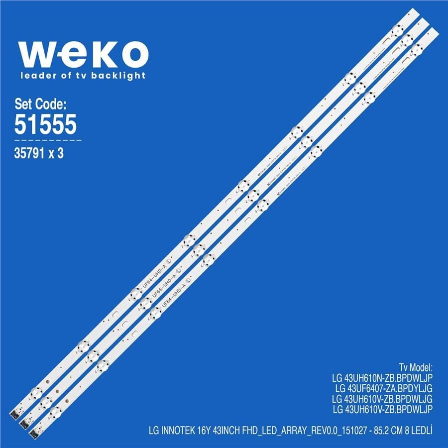 Wkset-6555 35791X3 Lg Innotek 16Y 43Inch Fhd_Led_Array_Rev0.0_151027 3 Adet Led Bar (Orjinal Ürün)
