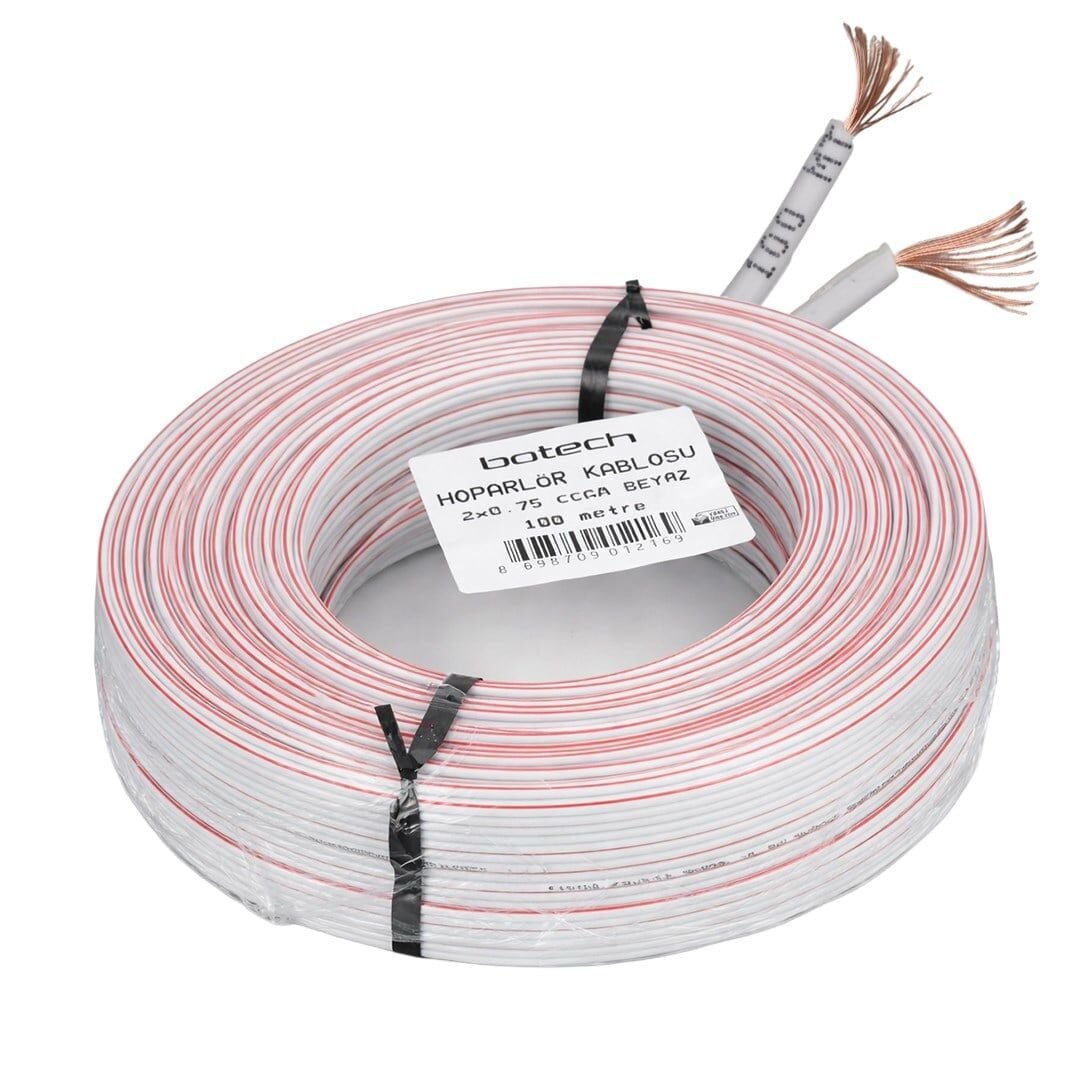 Botech 2X0.75Mm CCAM 48 Tel Beyaz-Kırmızı Kodlu 100 Metre Hoparlör Ses Kablosu