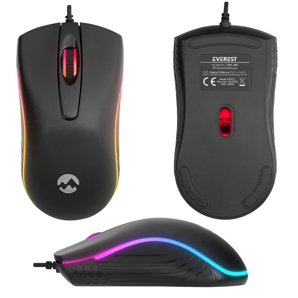 Everest SM-M9 USB RGB Rainbow Ledli Siyah 3D Optik Led Mouse