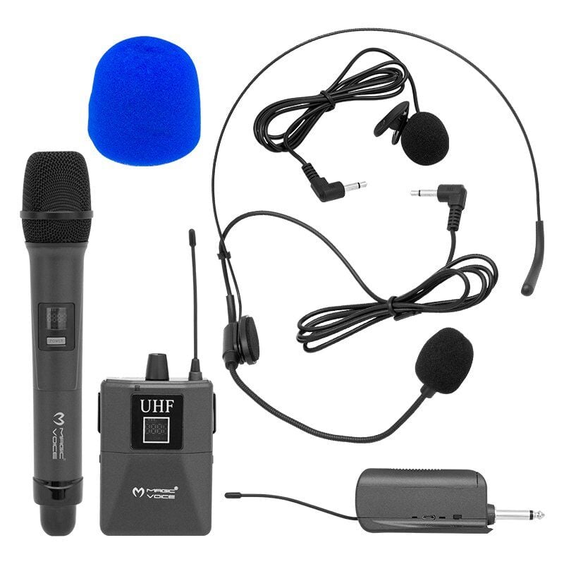 MagicVoice MV-1305YE UHF 1 EL + 1 Yaka + 1 Kafa Ekranlı Kablosuz Telsiz Mikrofon
