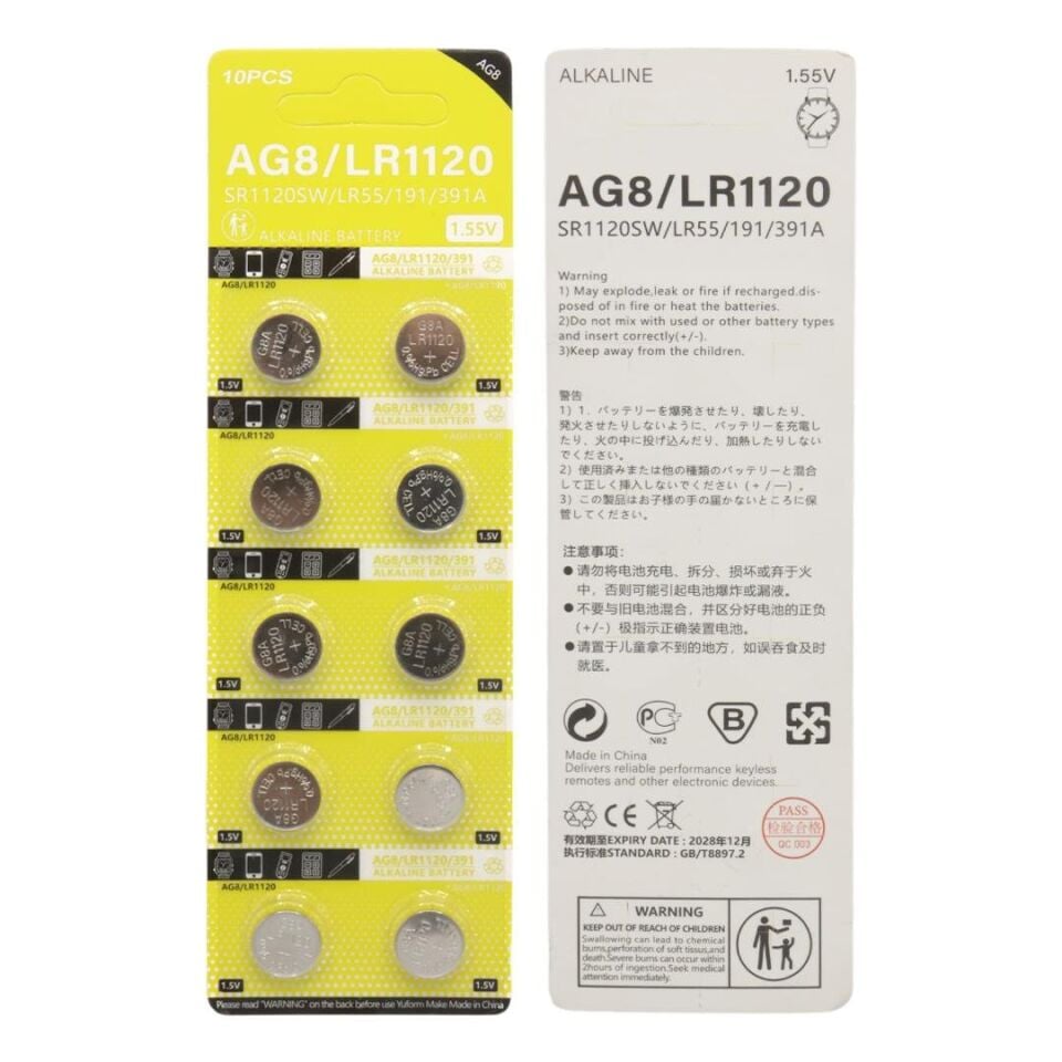 Powermaster AG8 LR1120 1.5V Alkalin Düğme Pil (10'Lu Paket)