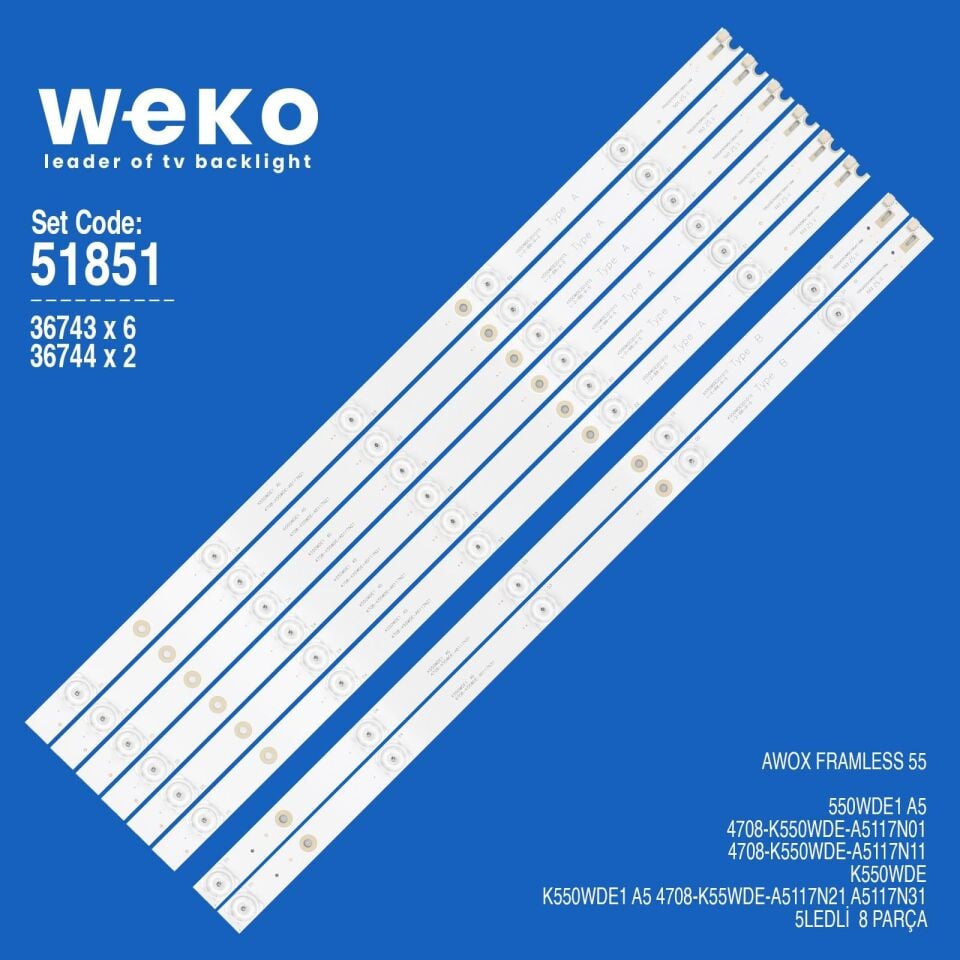 WKSET-6851 K55WDE1 A5 A5117N31 3V 54 Cm 5 Ledli (6+2) 8 Adet Tv Led Bar
