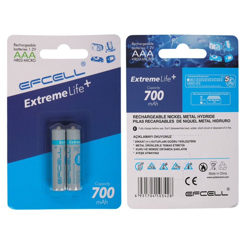 Efcell Extreme Life+ AAA 700mAh 1.2V Şarj Edilebilir Pil