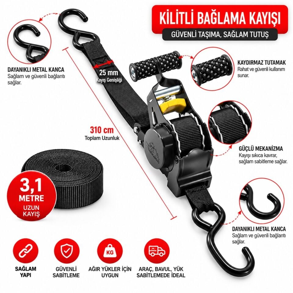 Sunup SN-37789 3 Metre Otomatik Cırcırlı Bağlama Kayışı
