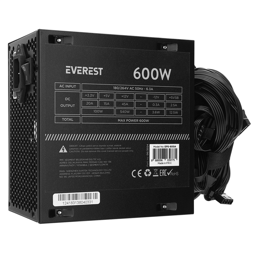 Everest EPS-600A Real 600W 4*SATA 12Cm Fanlı Oyuncu PC Destekli Power Supply PSU