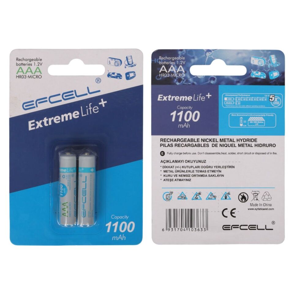 Efcell Extreme Life+ 1.2 Volt 1100mAh AAA İnce Şarjlı Pil
