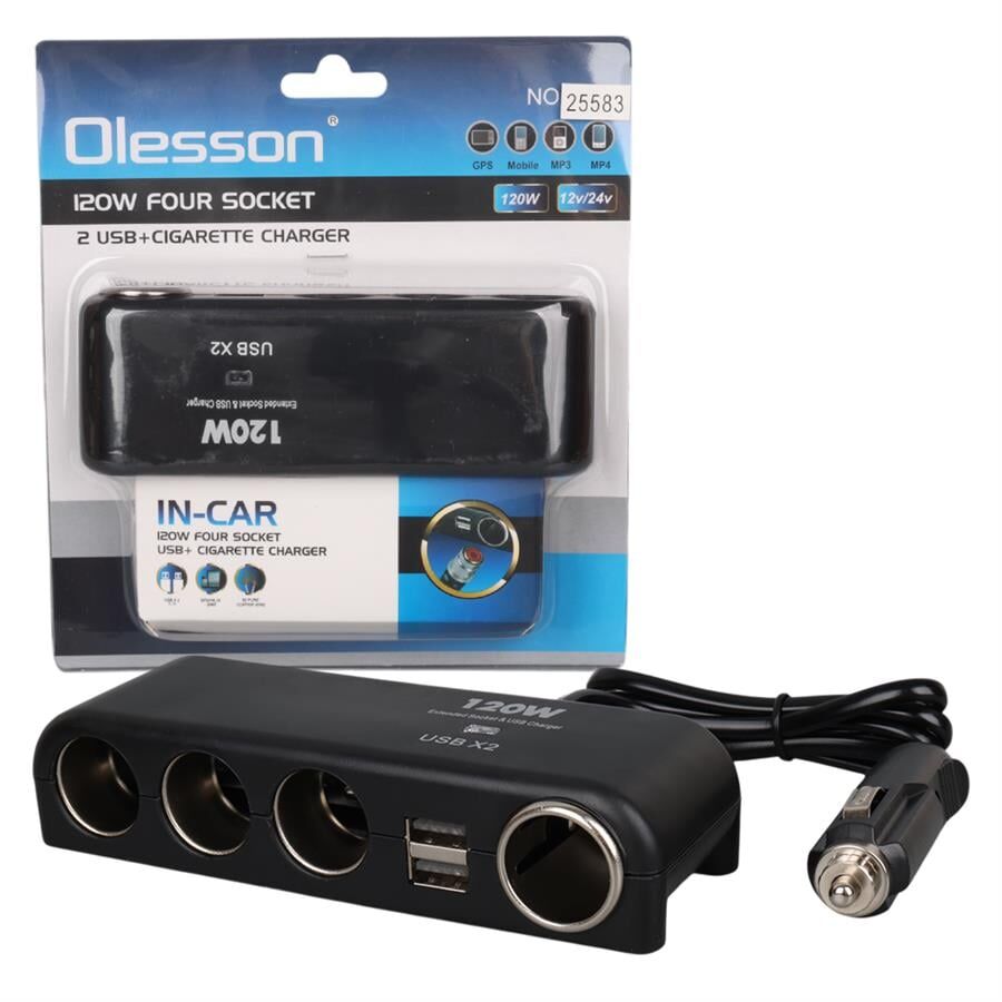 Olesson 1525 12-24V Çift USB'lı 120W 80Cm Kablolu 4'LÜ Araç Çakmak Çoklayıcı