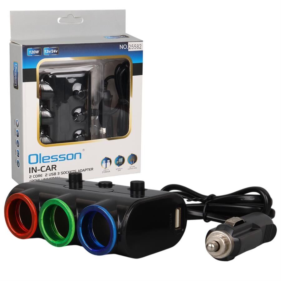 Olesson 1523 12-24V Çift USB Girişli 120W 80Cm Kablolu 3'LÜ Araç Çakmak Çoklayıcı