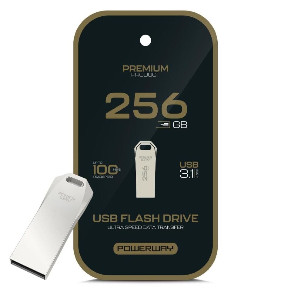 Powerway Premium 256 GB 100MB/S Ultra Hızlı USB 3.1 Metal Silver Flash Bellek