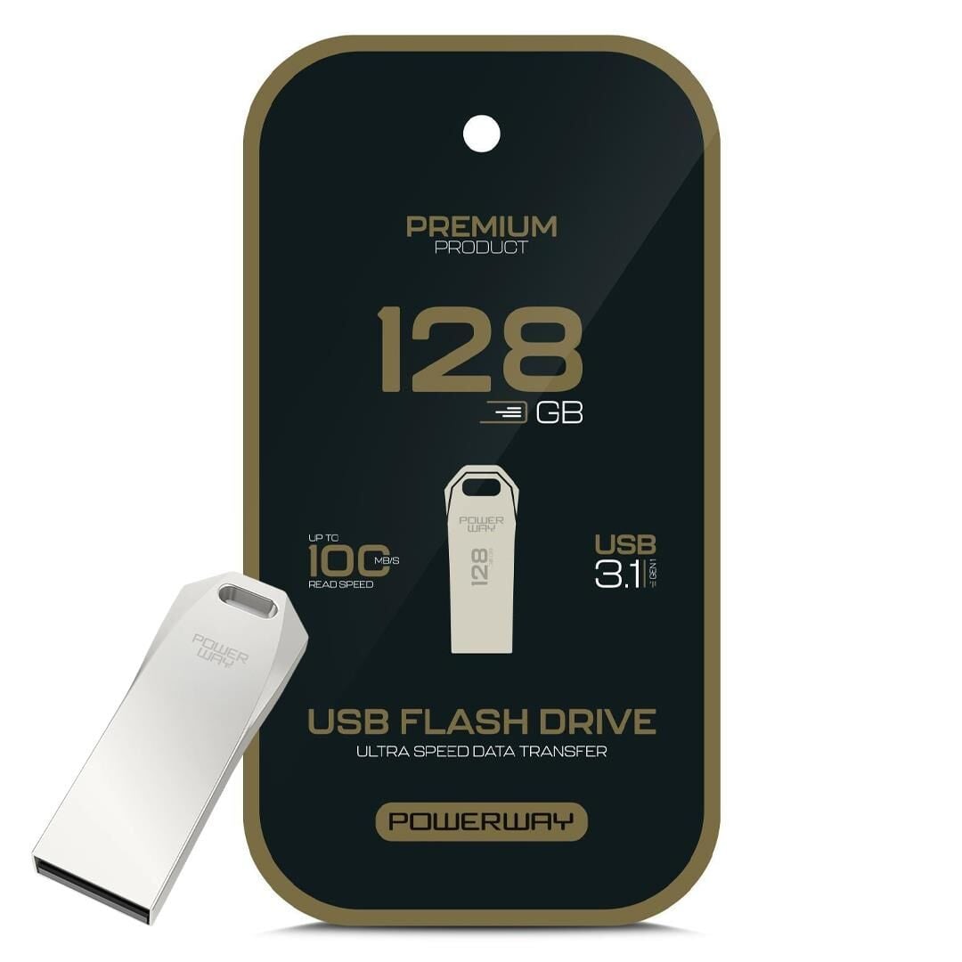 Powerway Premium 128 GB 100MB/S Ultra Hızlı USB 3.1 Metal Silver Flash Bellek