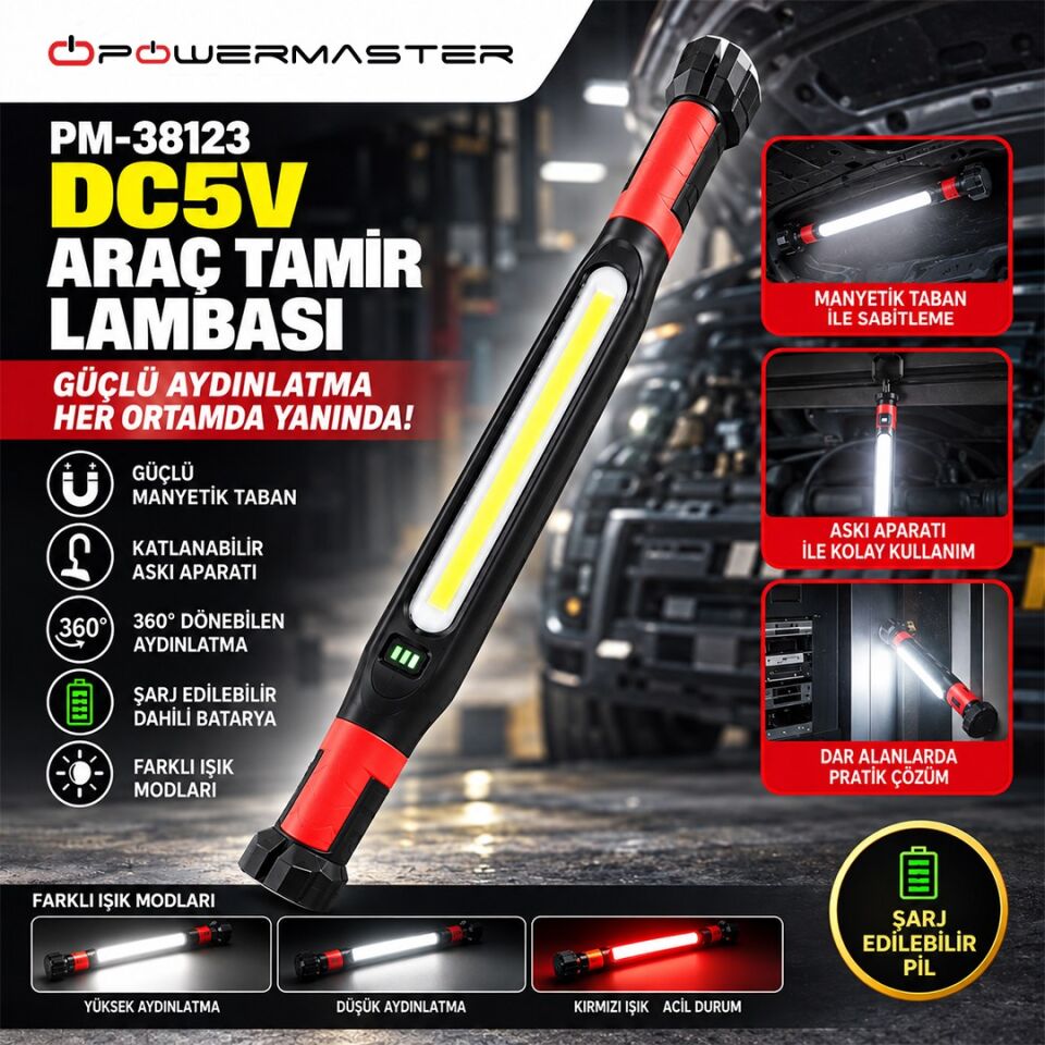 Powermaster PM-38123 DC 5V Şarjlı Manyetik Taban Askı Aparatı Çoklu Işık Modu Araç Tamir Lambası