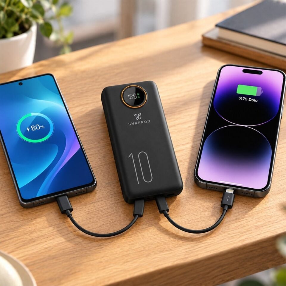 Snapron SNP 3012 22.5W LCD Ekranlı PD 10.000 Mah Dahili Kablolu Hızlı Şarjlı Powerbank