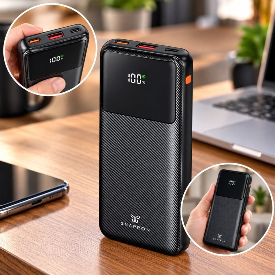 Snapron Snp 3015 22.5W PD 10000 Mah LCD Ekranlı Siyah Hızlı Şarjlı Powerbank