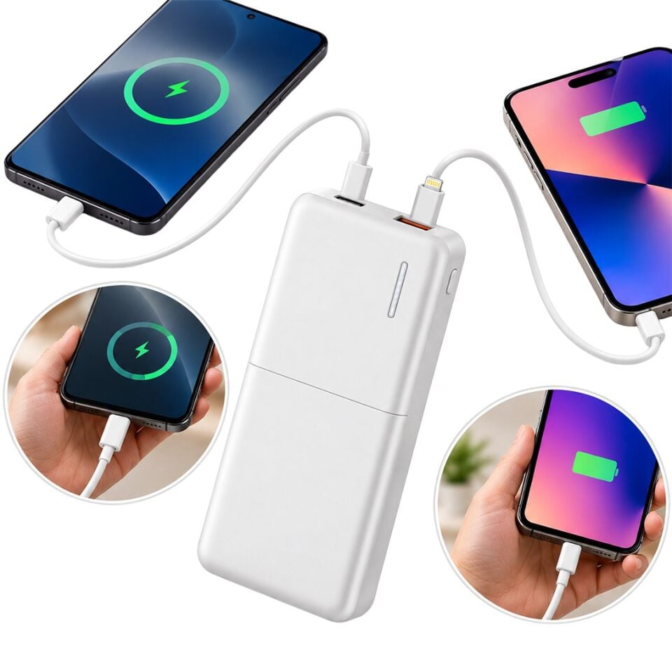 Snapron SNP-3009 Beyaz 22.5W PD 10.000Mah Dahili Kablolu Şarjlı Powerbank