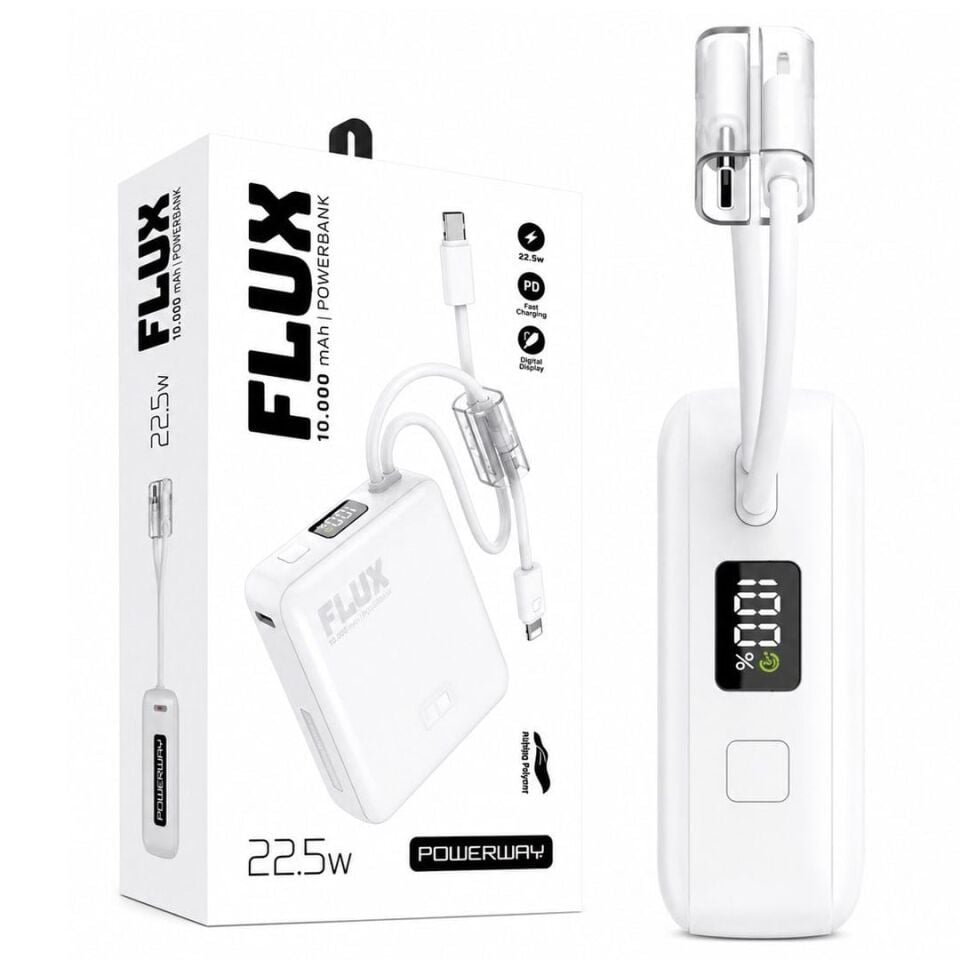Powerway FLUX 10.000 Mah 22.5W Entegre Kablolu Hızlı Şarj Powerbank