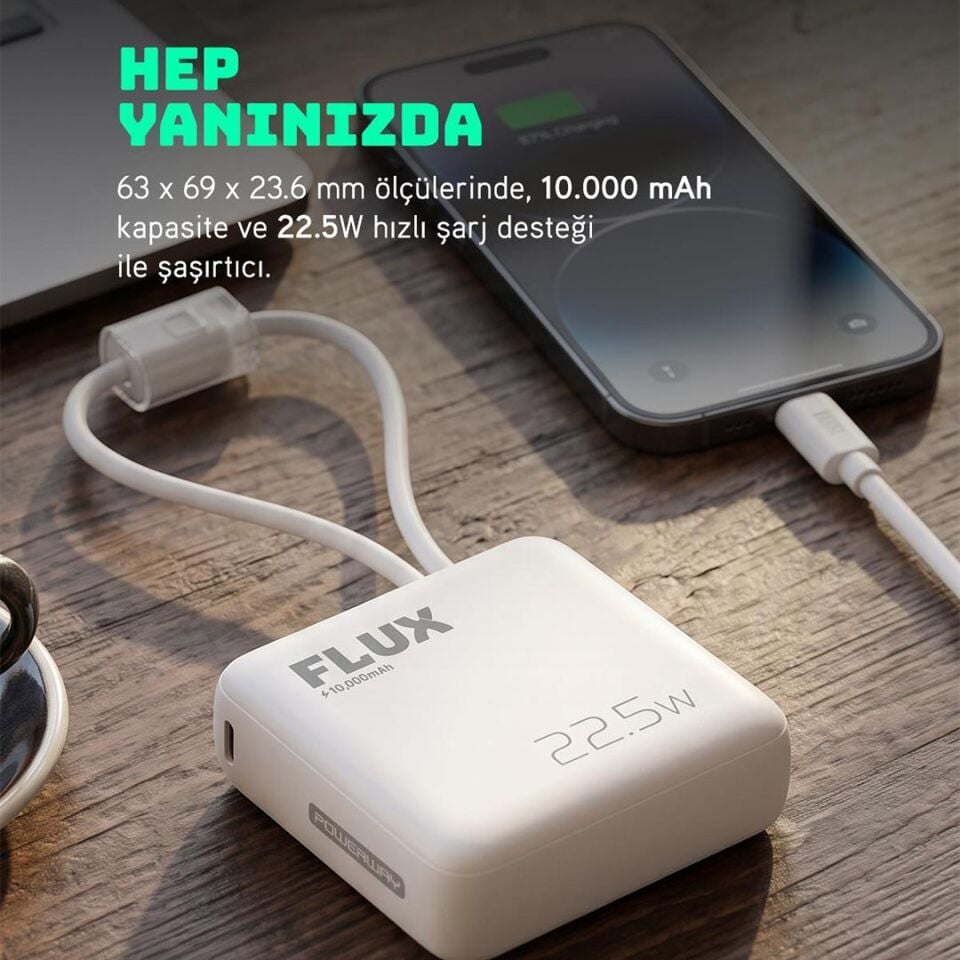 Powerway FLUX 10.000 Mah 22.5W Entegre Kablolu Hızlı Şarj Powerbank