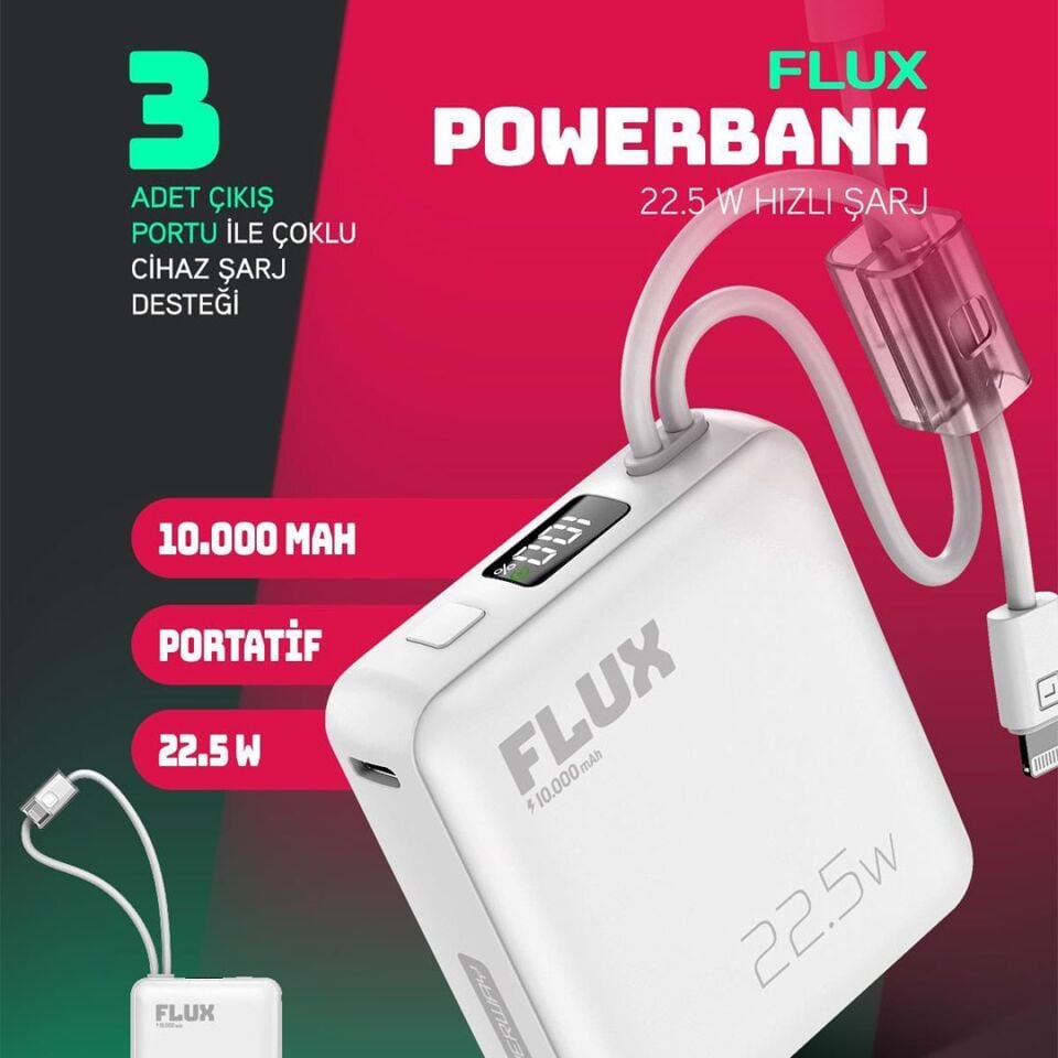 Powerway FLUX 10.000 Mah 22.5W Entegre Kablolu Hızlı Şarj Powerbank