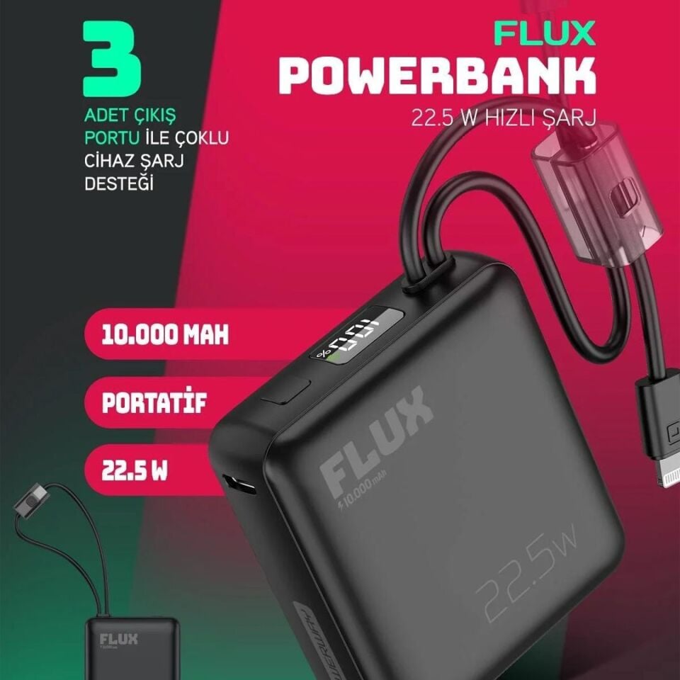 Powerway FLUX 10.000 Mah 22.5W Entegre Kablolu Hızlı Şarj Powerbank